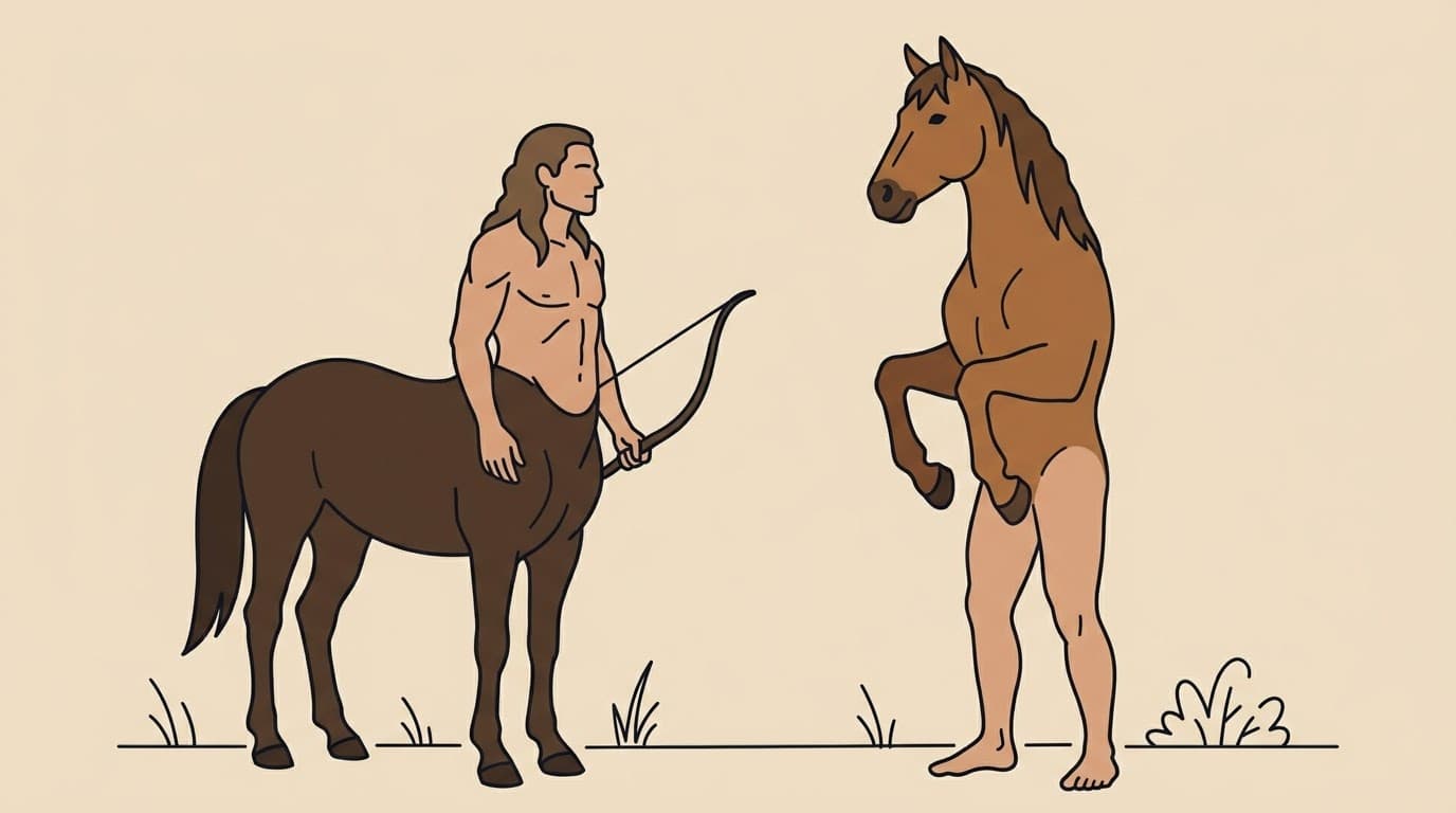 Ilustración de un centauro con arco frente a un caballo con torso humano, analogía de la IA y el docente
